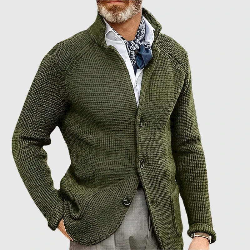 Waffle-Knit Button-Front Mens Sweaters Cardigan with Stand Collar