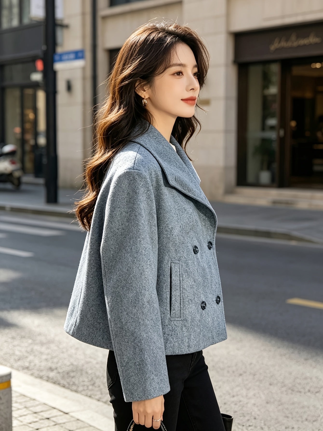 Cropped Wool Pea Coat with Notch Lapel and Double Breasted Button Front