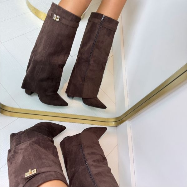 Women's Pointed-Toe Fold-Over Knee-High Boots with Block Heel and Turn-Lock Detail