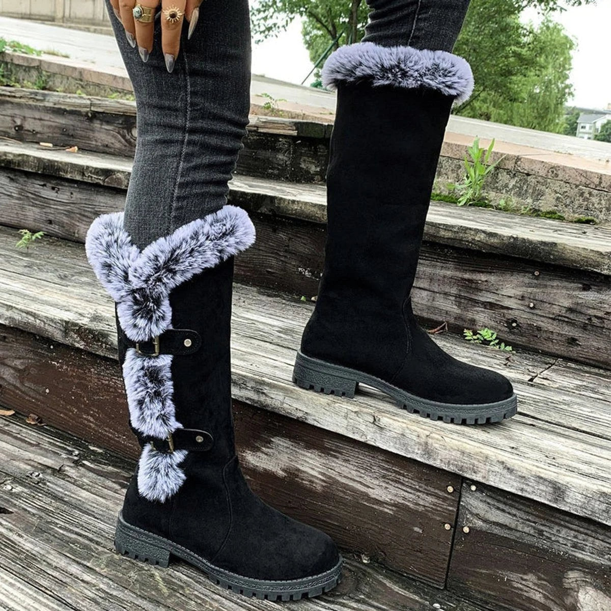 Women's Knee-High Faux Suede Boots with Buckle Straps and Plush Fur Trim
