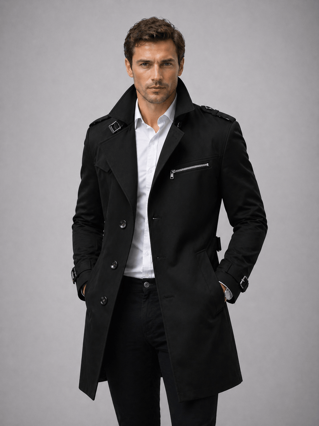 Men's Single-Breasted Mid-Length Belted Trench Coat with Epaulettes and Zip Chest Pocket