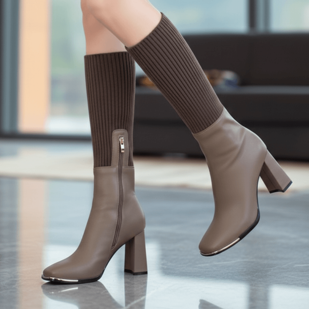 Stretch Knit Block Heel Boots with Side Zipper for Women