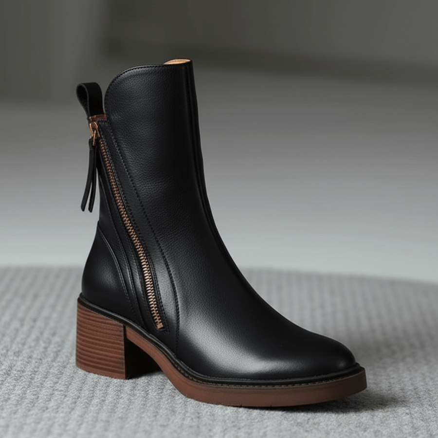 Women's Round-Toe Vegan Leather Ankle Boots with Block Heel and Side Zip