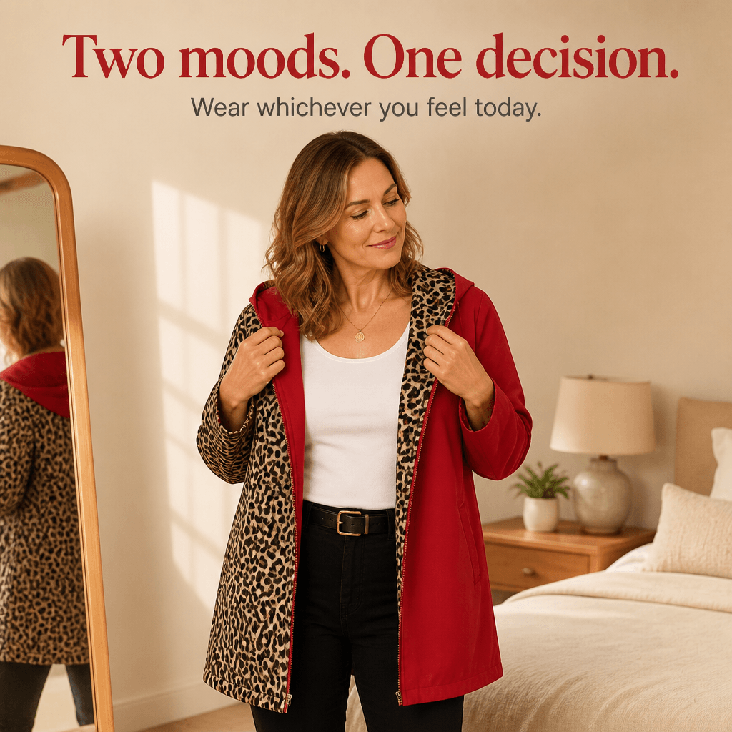 Women's Reversible Leopard Print Hooded Winter Coat with Solid Reverse Side