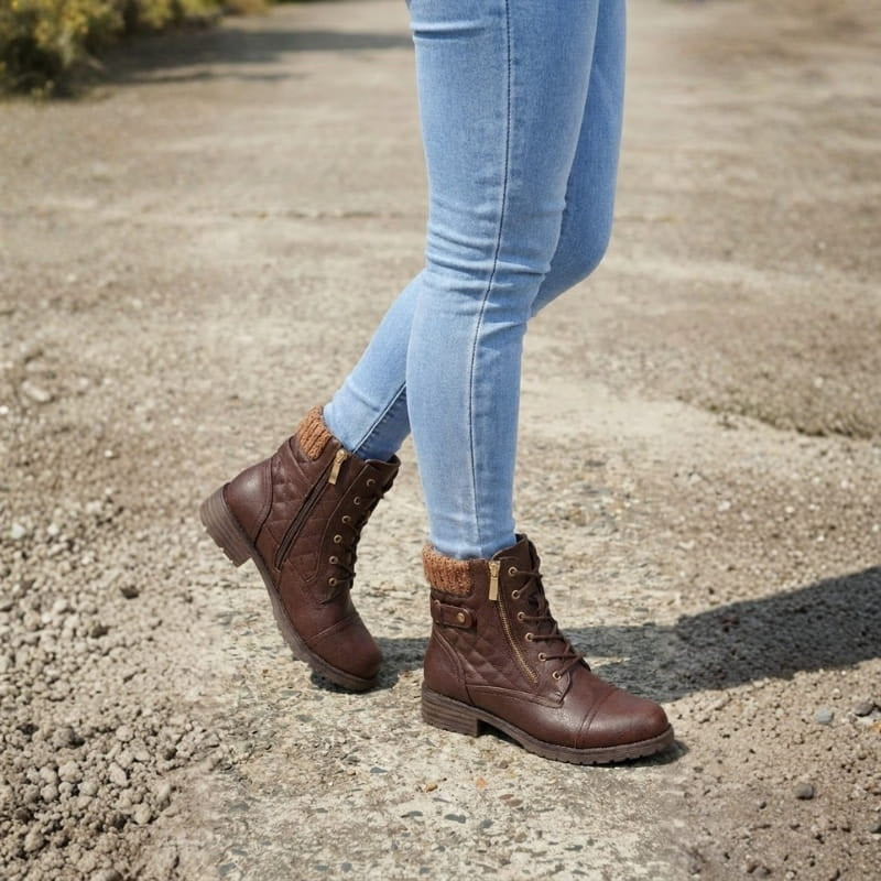 Women's Quilted Lace-Up Ankle Boots with Side Zip and Block Heel