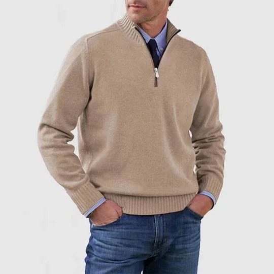 Men's Half-Zip Mock Neck Knitted Sweater with Ribbed Trim