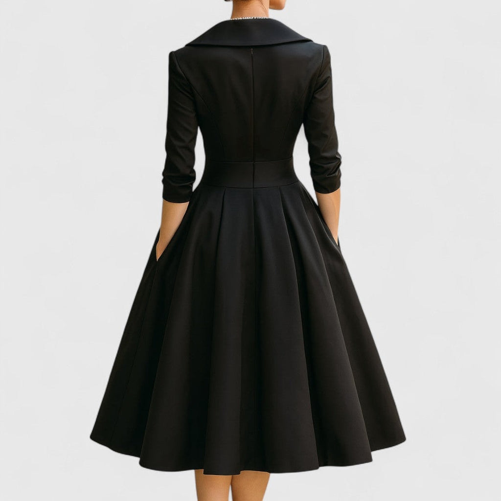 Women's V-Neck Wrap Midi Dress with Shawl Collar and Three-Quarter Sleeves