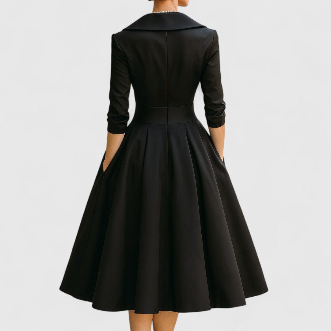 Women's V-Neck Wrap Midi Dress with Shawl Collar and Three-Quarter Sleeves