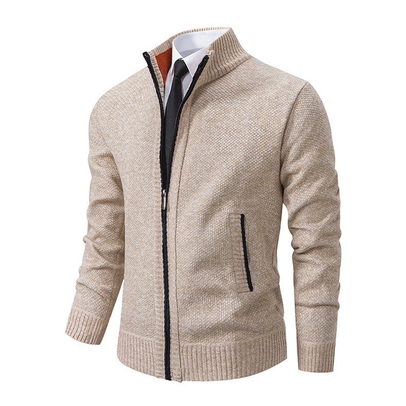 Men's Marled Knit Cardigan with Full-Length Zip and Ribbed Stand-Up Collar
