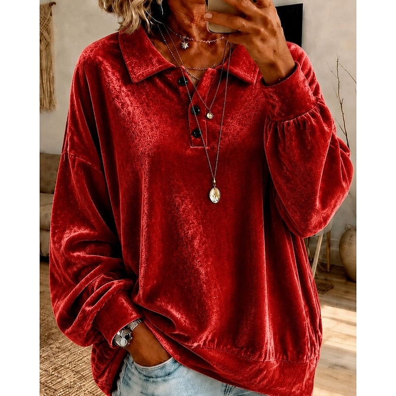 Women's Collared Sweater with Oversized Drop Shoulders and Button Placket