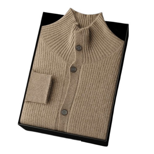 Men's Ribbed Stand-Collar Cardigan in Dense Knit with Button Front and Side Pockets