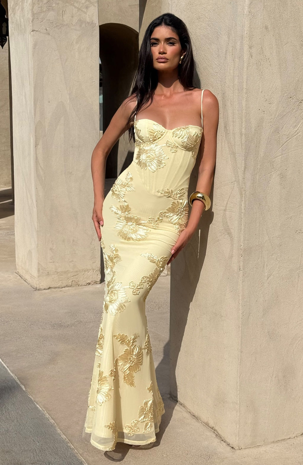 Women's Floral Embroidered Corset Maxi Dress with Spaghetti Straps