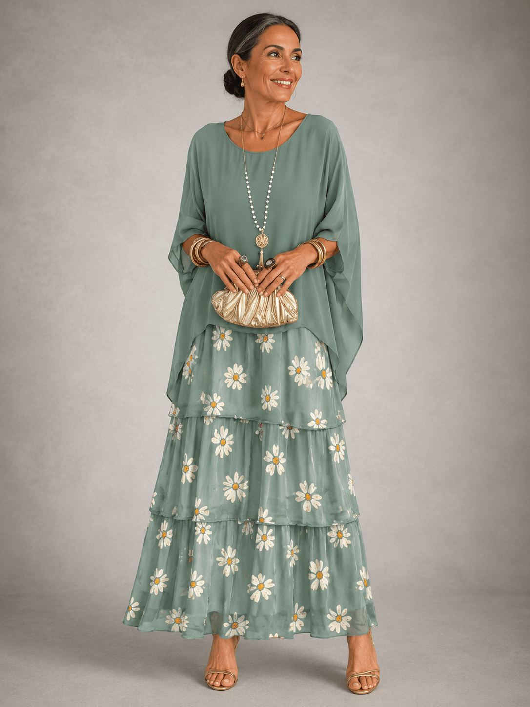 Tiered Ruffle Women's Midi-to-Maxi Dress with Flowing Capelet Sleeves