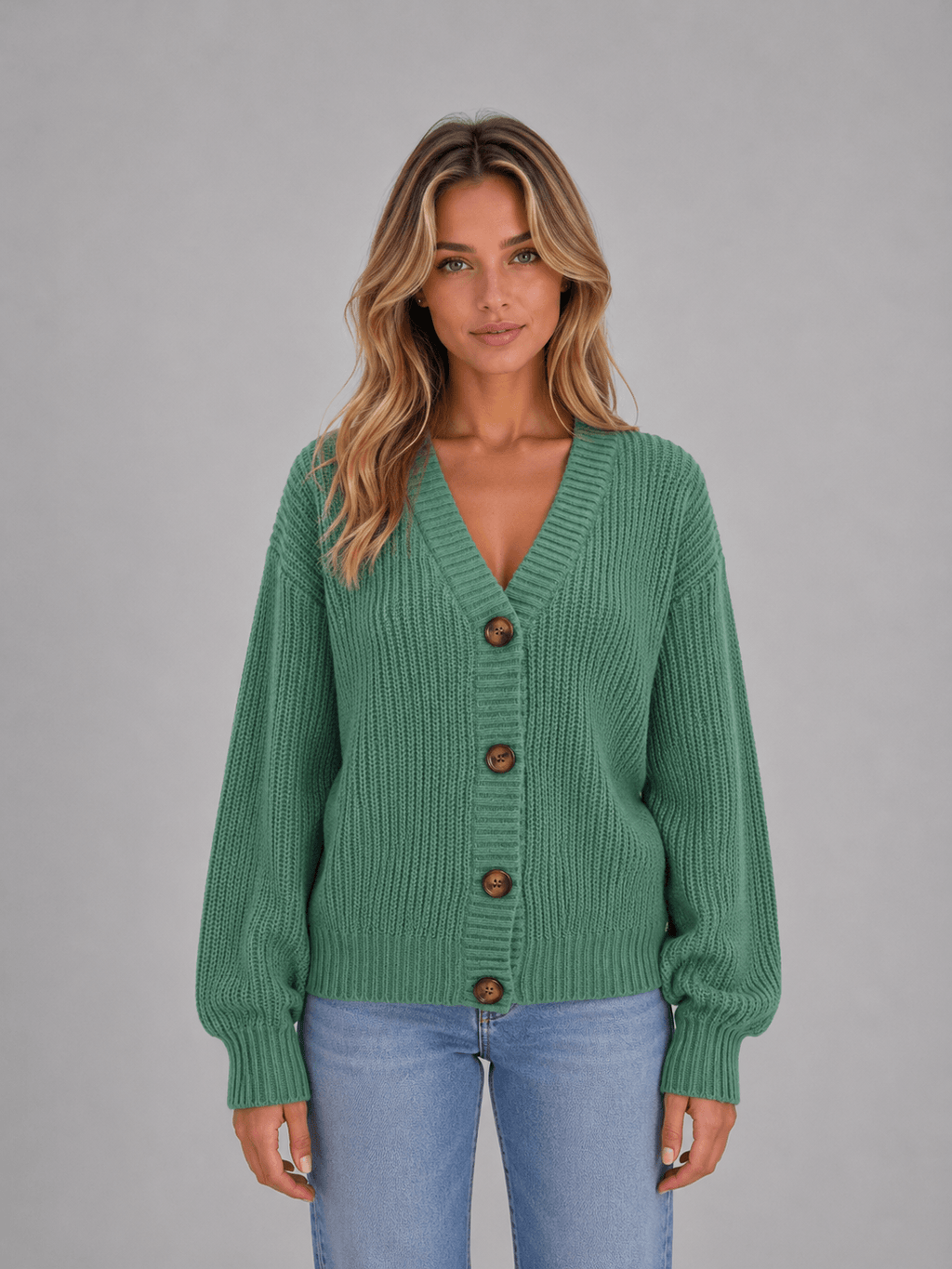 Women's Chunky Ribbed Knit V-Neck Cardigan with Oversized Buttons and Relaxed Sleeves