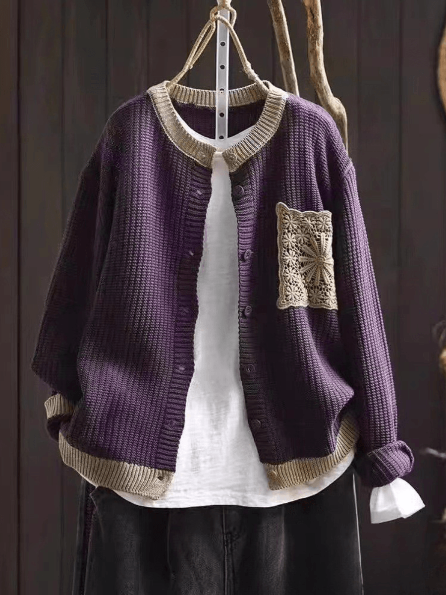 Women's Cardigan in Textured Knit with Lace Chest Pocket and Button Front
