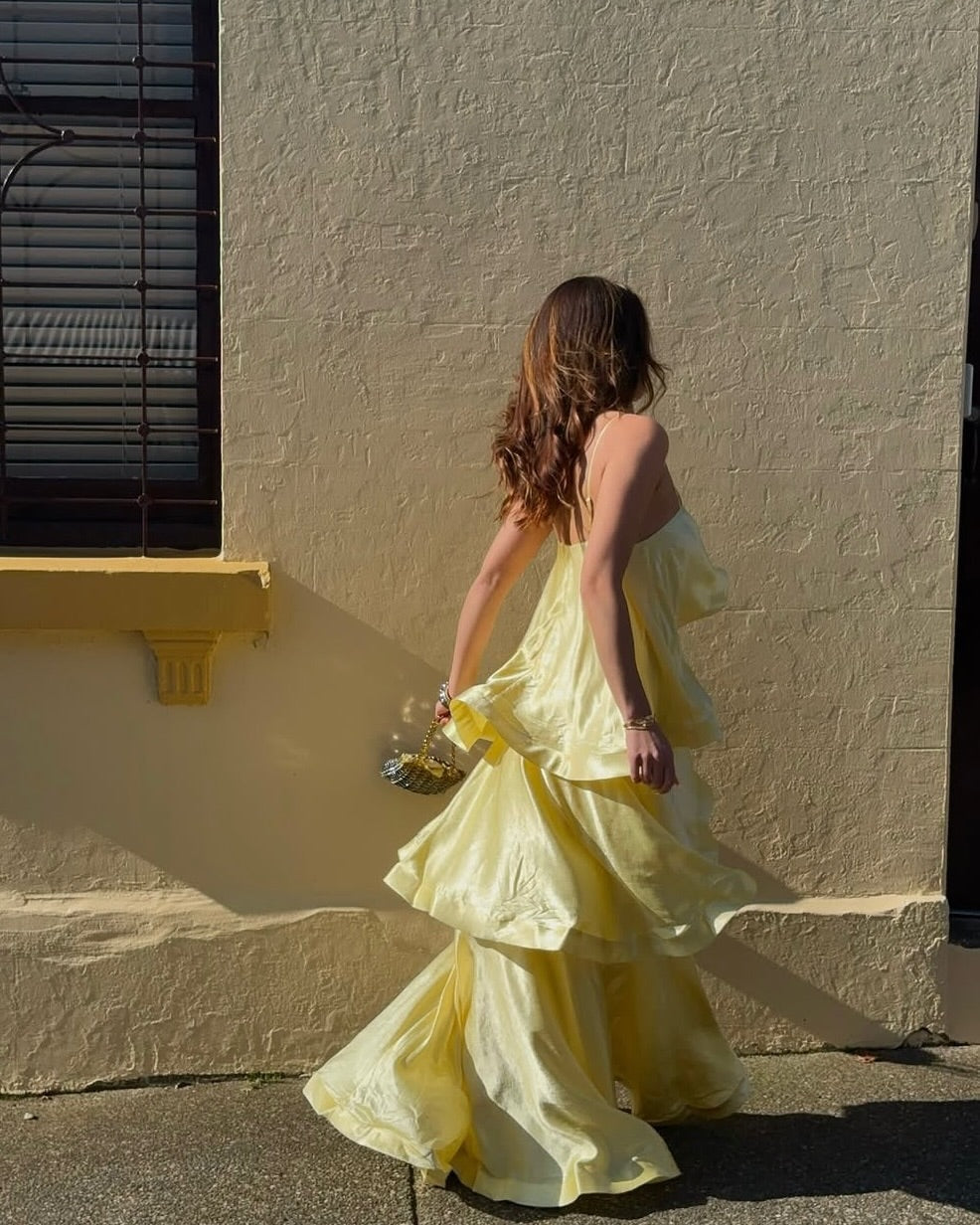 Stevie Tiered Ruffle Satin Maxi Dress for Fall Wedding Guest Dresses