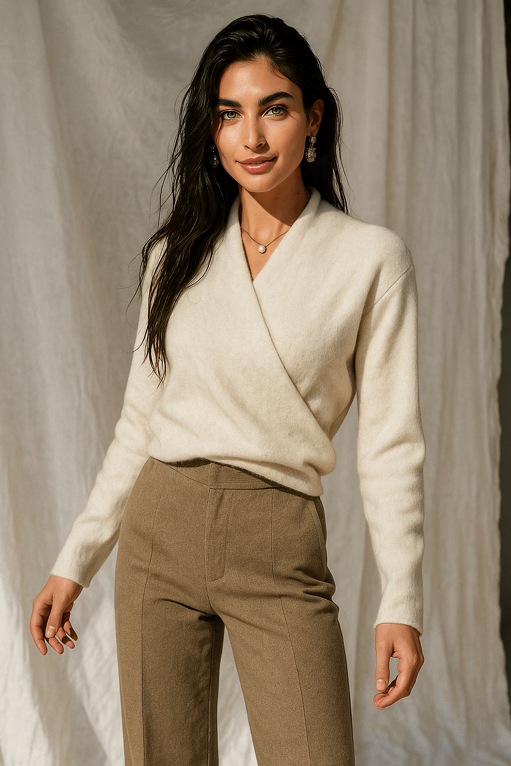 Women's Wrap-Front Knitted Sweater with V-Neck and Ribbed Hem