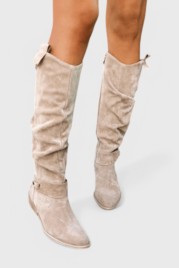 Celine Slouchy Suede Knee-High Women's Boots with Buckle Detail