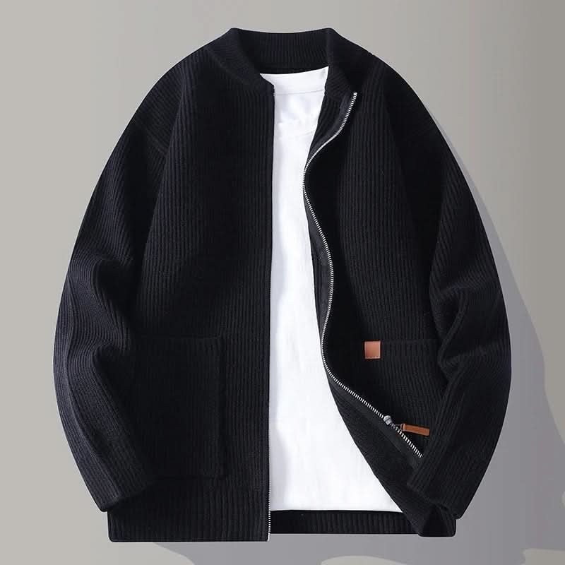 Men's Ribbed Knit Zip-Up Cardigan with Stand Collar and Patch Pockets