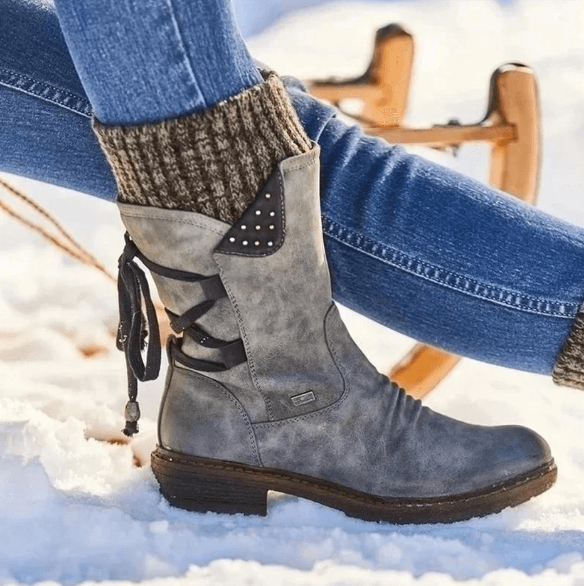 Qing Lace-Up Suede Mid-Calf Women's Boots with Knit Cuff