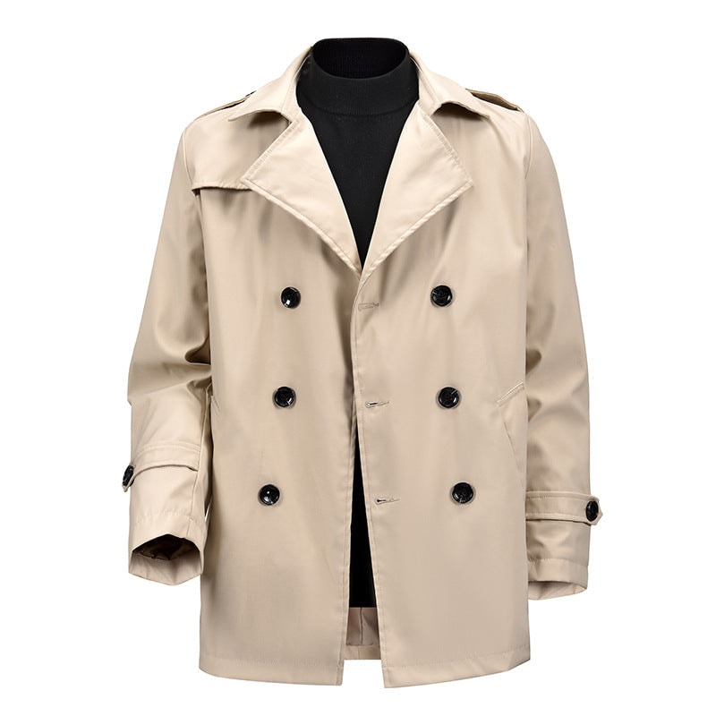 Men's Double-Breasted Short Trench Coat with Wide Lapels and Shoulder Epaulettes