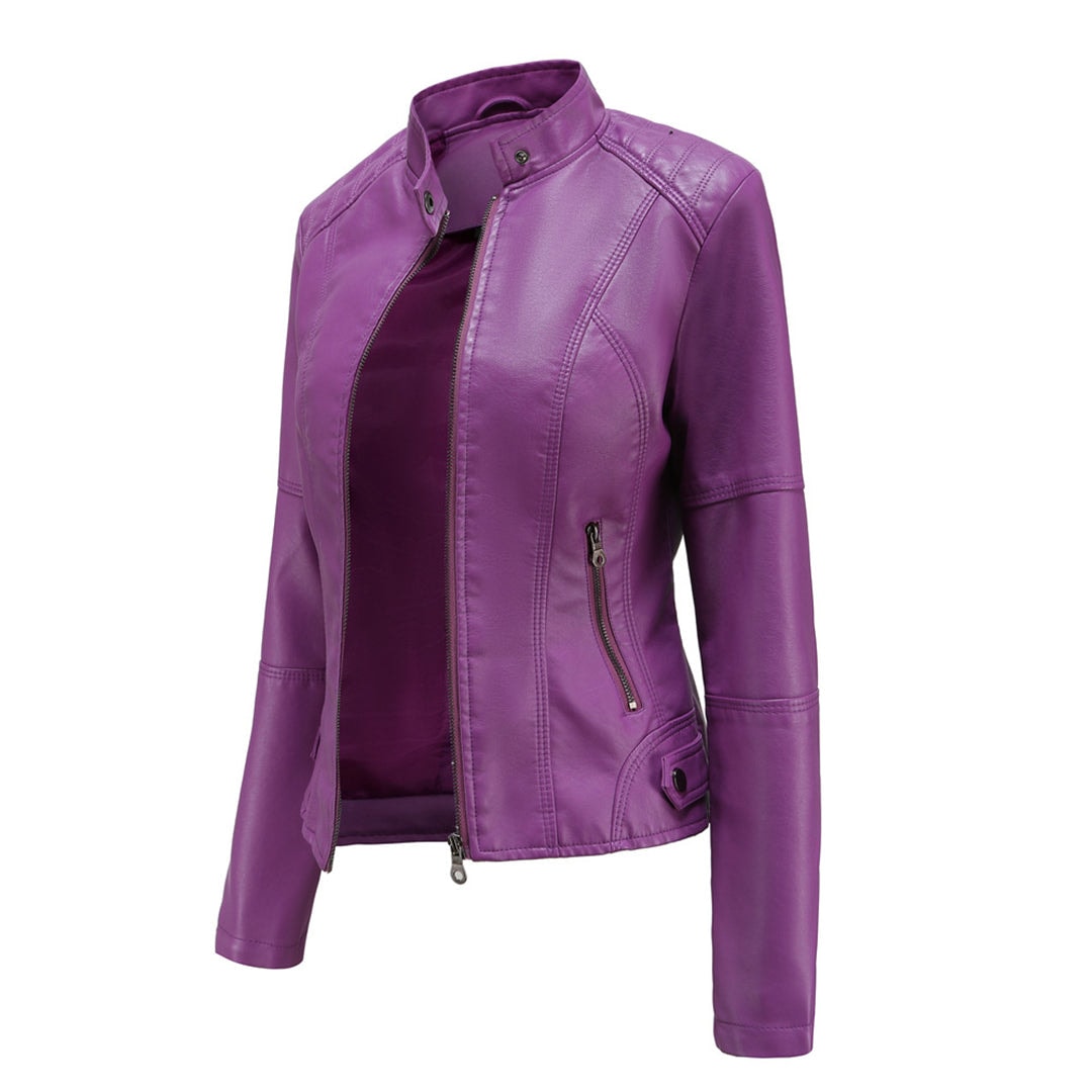 Fitted Faux Leather Moto Jacket with Zip Pockets for Women's Fall Layering