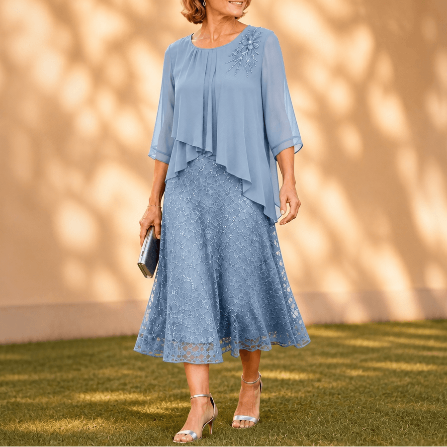 Elavine Floral Lace Overlay Chiffon Women's Midi Dress with Sheer Sleeves