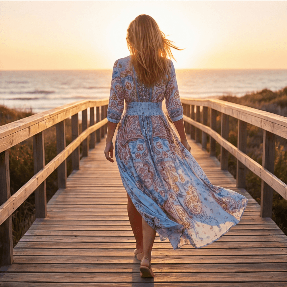Floressa Paisley Floral V-Neck Maxi Dress with Drawstring Waist