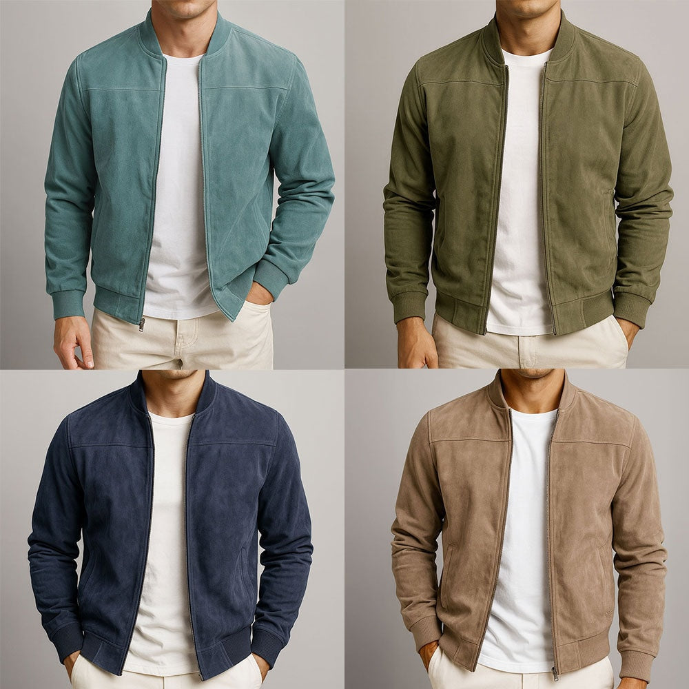 Men's Faux Suede Bomber Jacket with Textured Finish