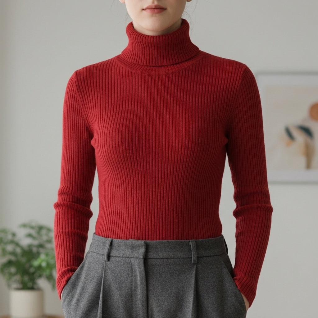 Women's Ribbed Knit Turtleneck Sweater with Long Sleeves and Slim Fit