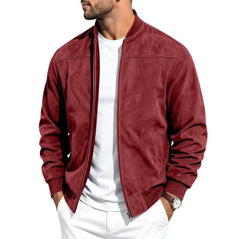 Men's Zip-Up Bomber Jacket in Suede with Stand Collar and Ribbed Hem