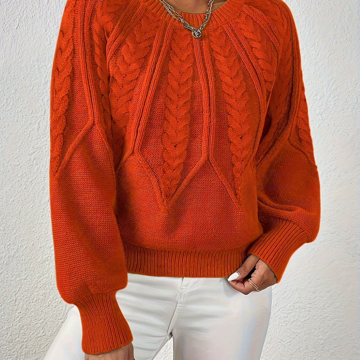 Women's Cropped Cable-Knit Sweater with Ribbed Crew Neck