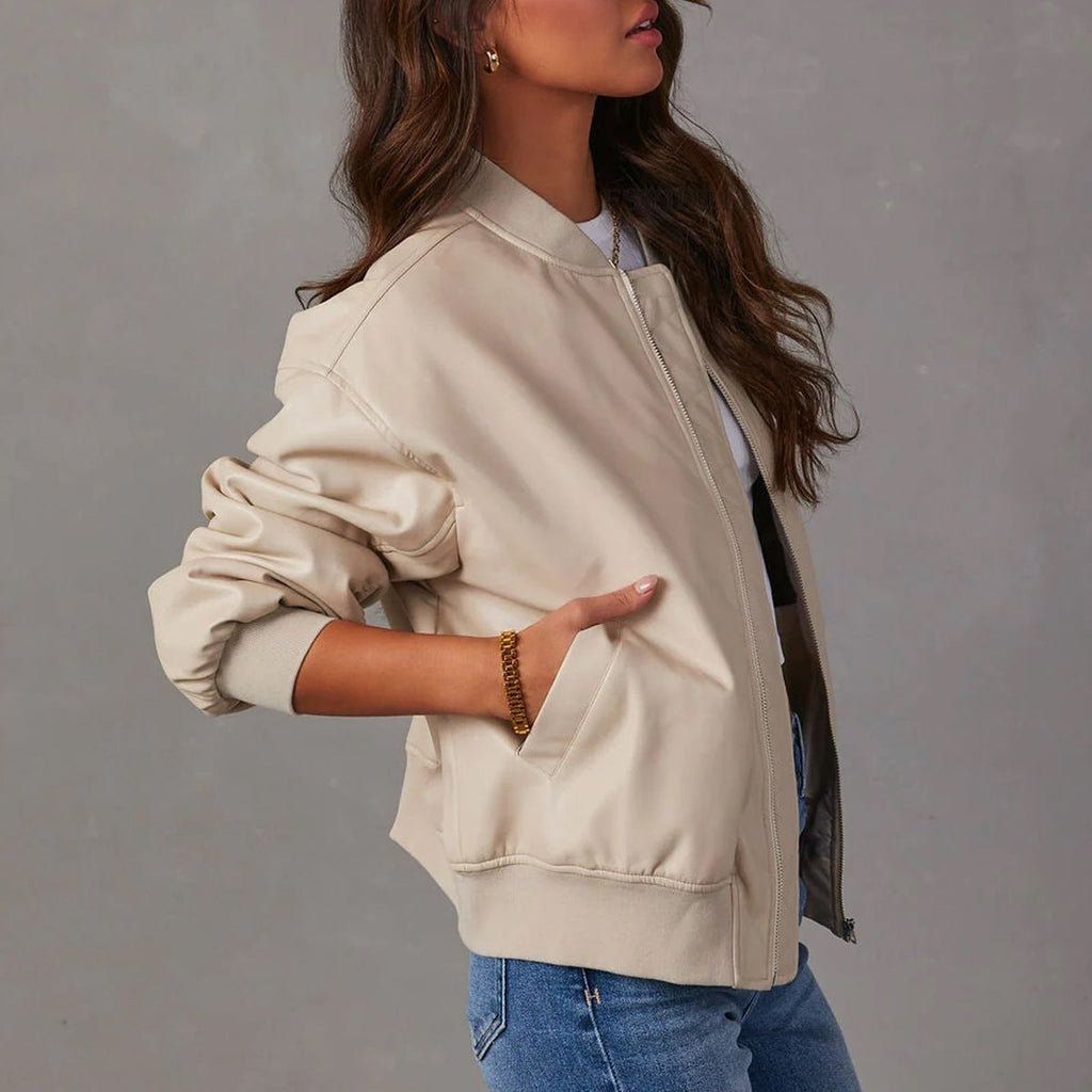 Oversized Faux Leather Bomber Jacket with Stand Collar and Ribbed Trim