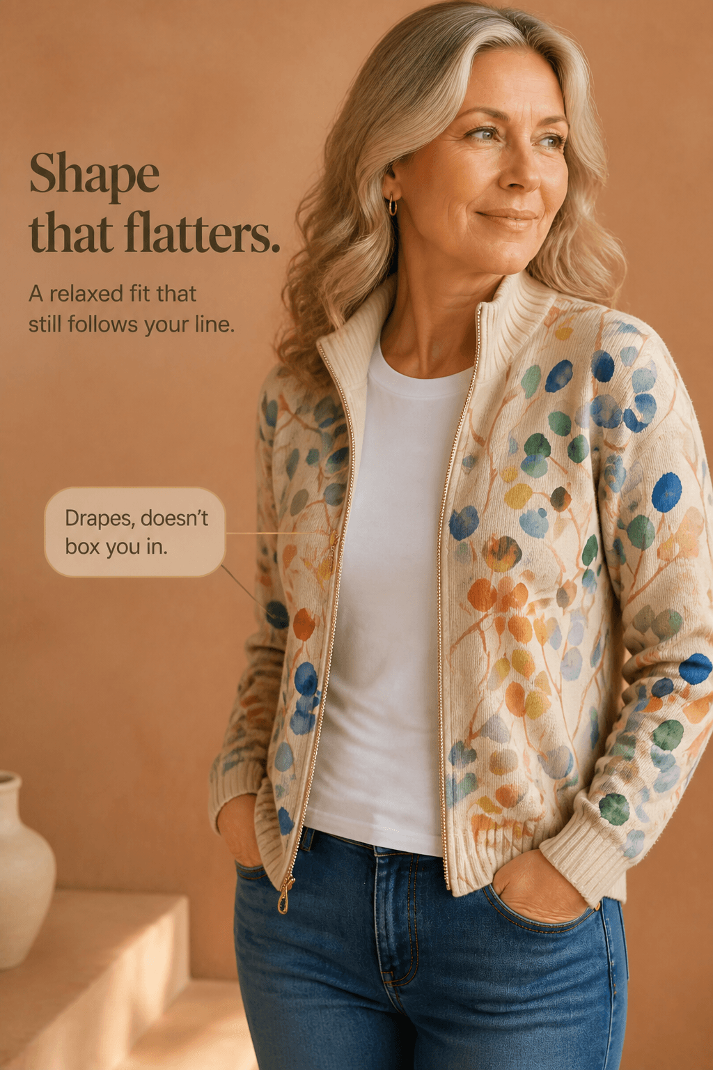 Women's Botanical Print Zip-Up Knit Cardigan Jacket