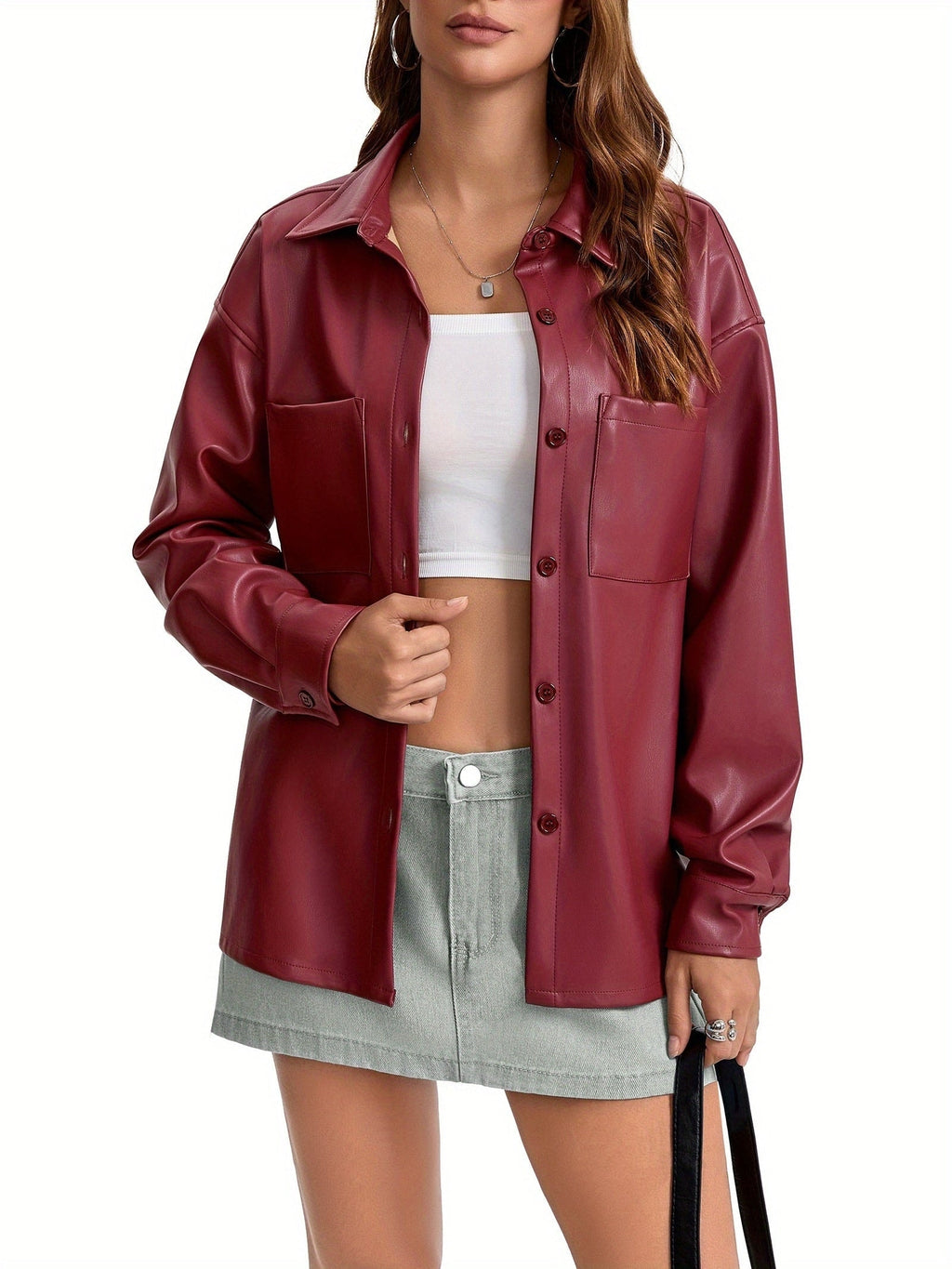 Oversized Faux Leather Shacket with Button Front Collared Fall Jacket