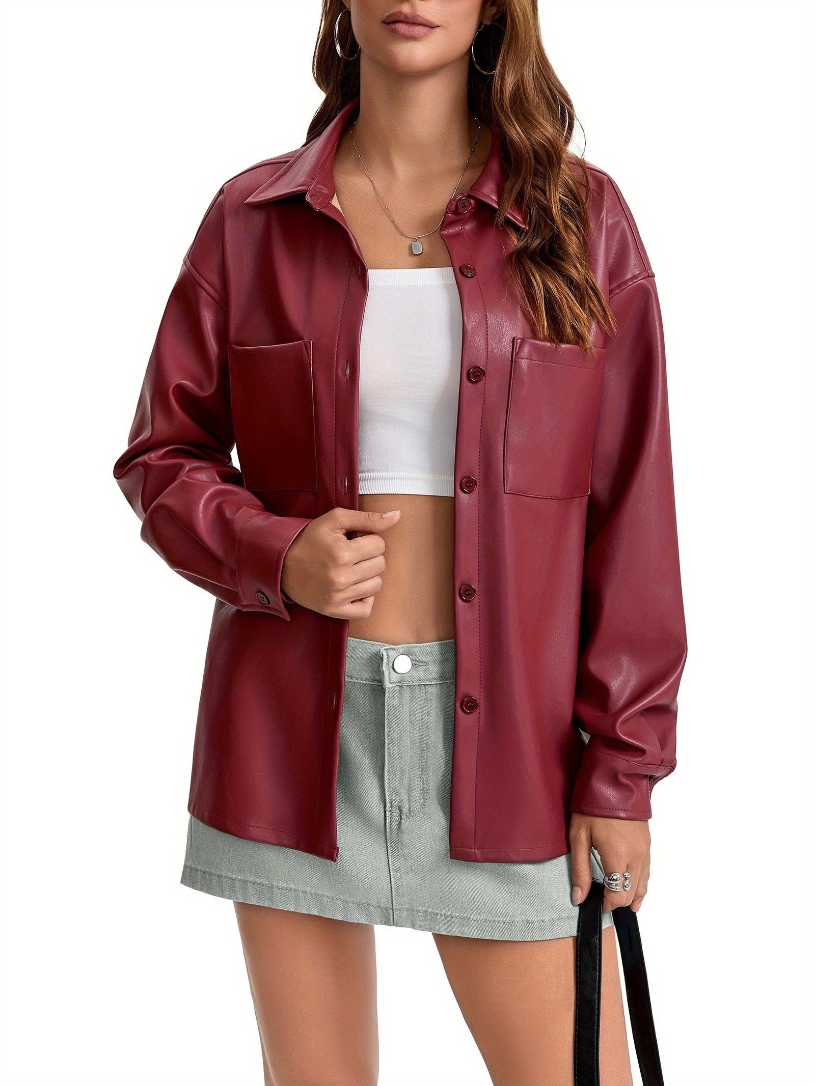 Oversized Faux Leather Shacket with Button Front Collared Fall Jacket