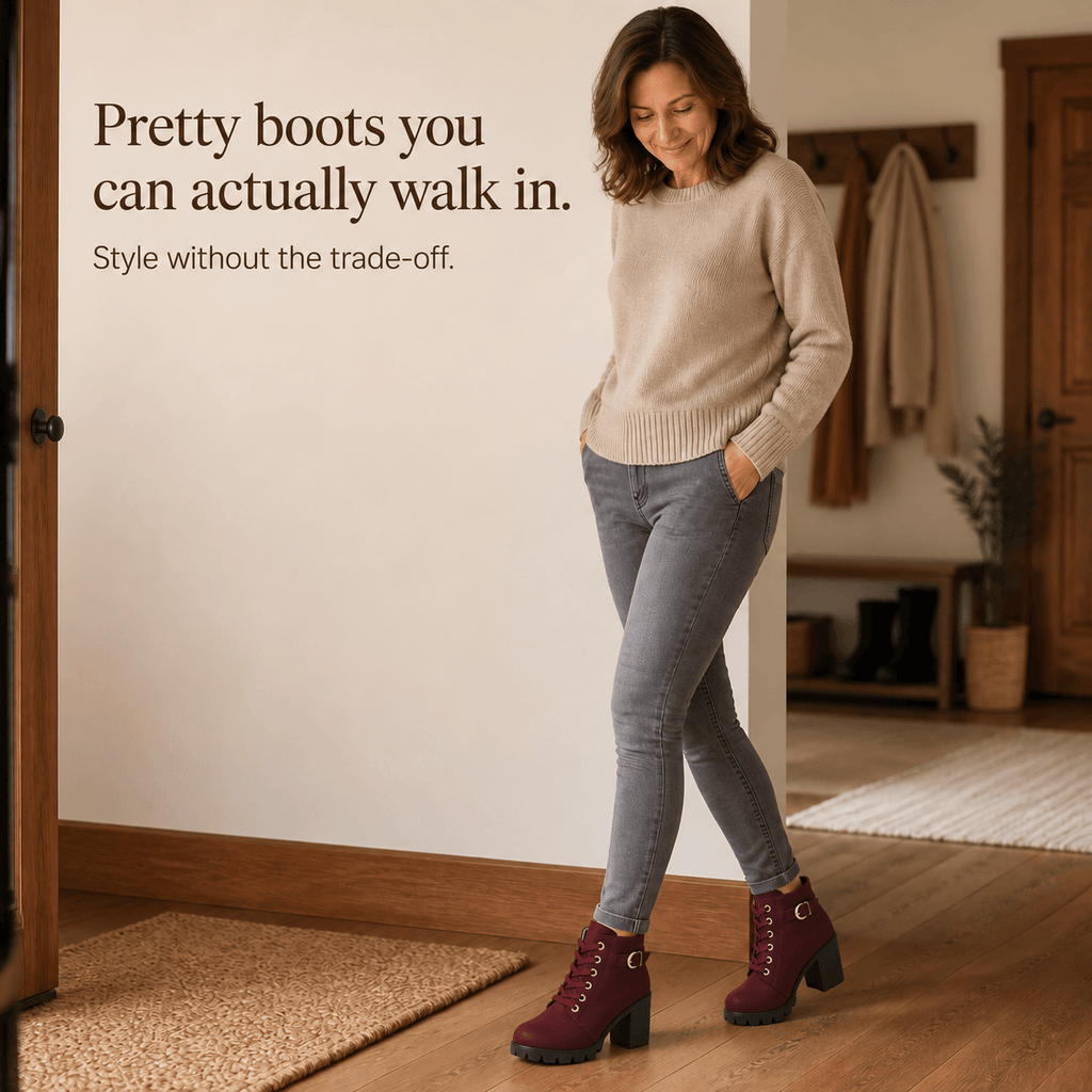 Women's Lace-Up Chunky Block Heel Ankle Boots with Side Zipper and Buckle Strap