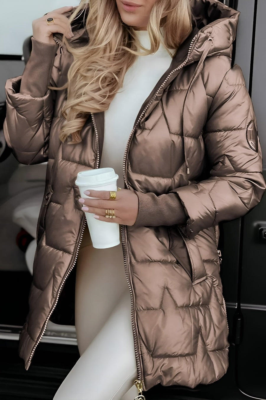 Long Hooded Puffer Jacket with Quilted Shell and Side Zip Vents