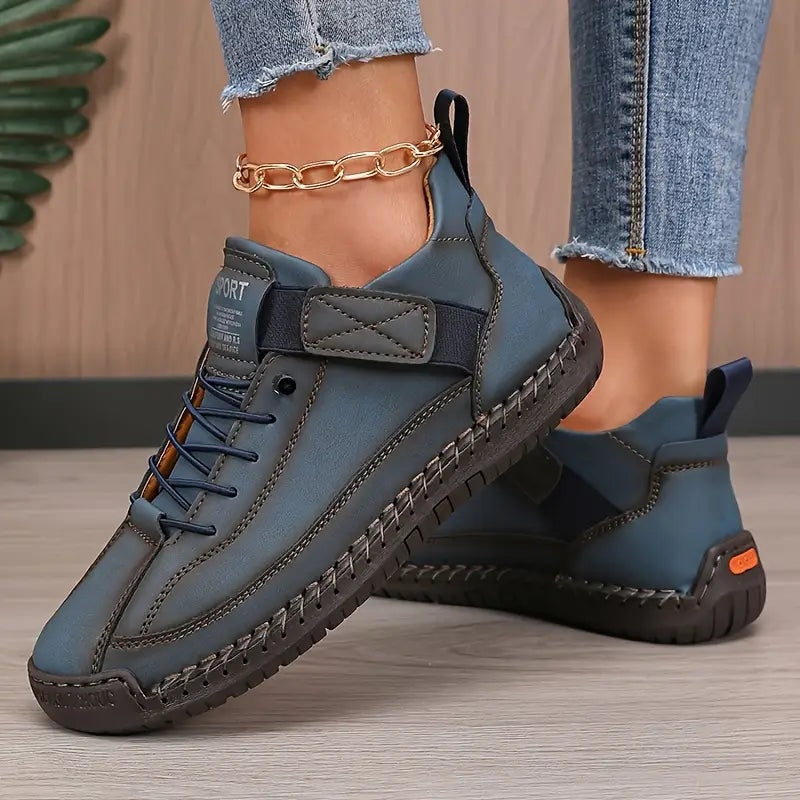 Women's Leather Lace-Up Sneakers with Adjustable Strap for Comfort