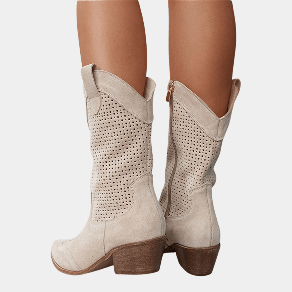 Perforated Faux Suede Western Womens Boots with Side Zipper Ankle Design