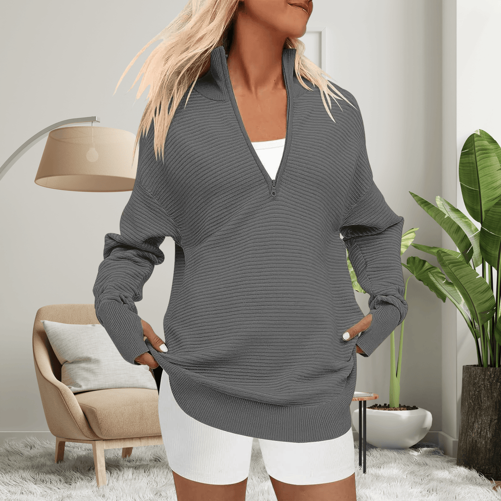 Nina Zip Neck Oversized Sweater with Ribbed Trim for Women