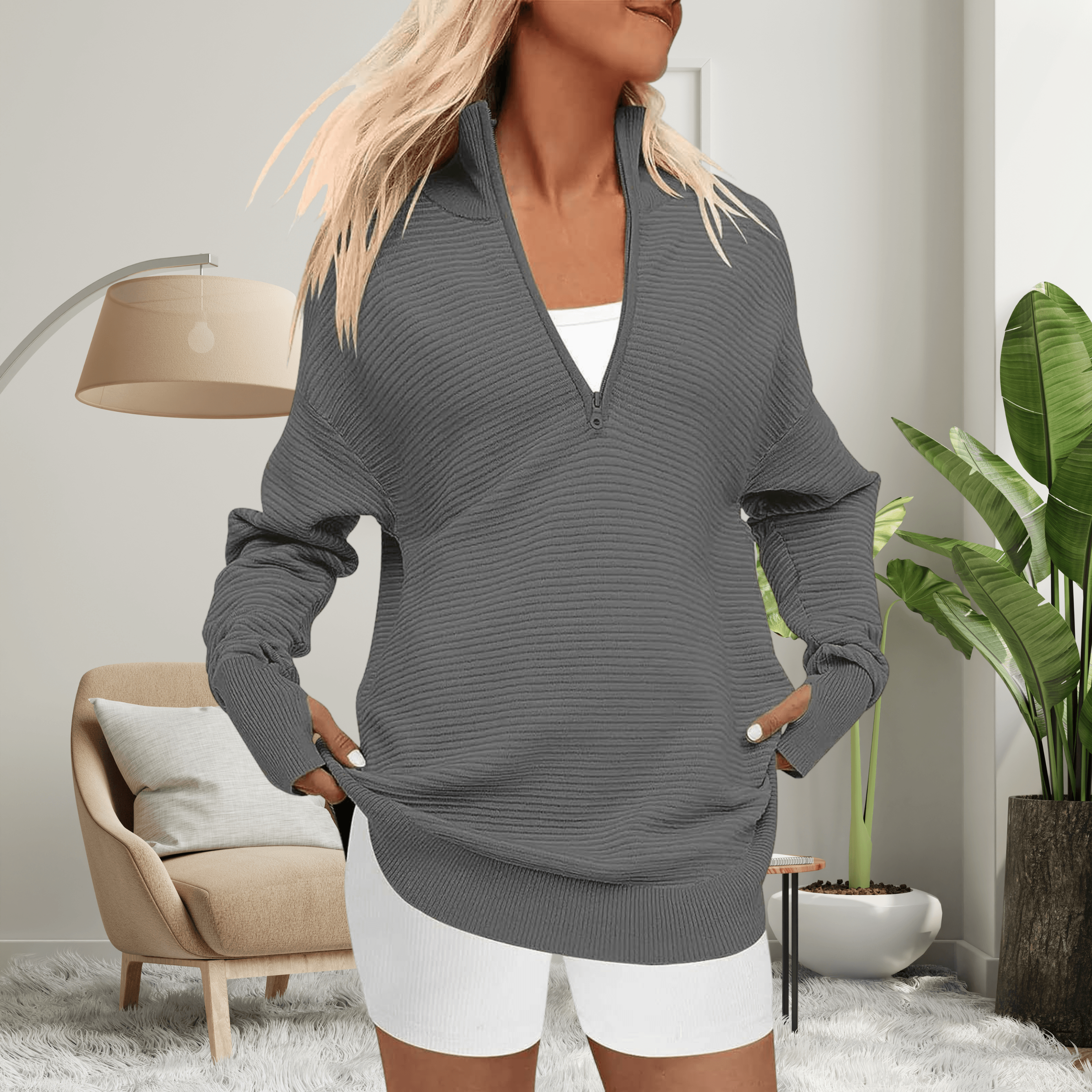 Nina Zip Neck Oversized Sweater with Ribbed Trim for Women