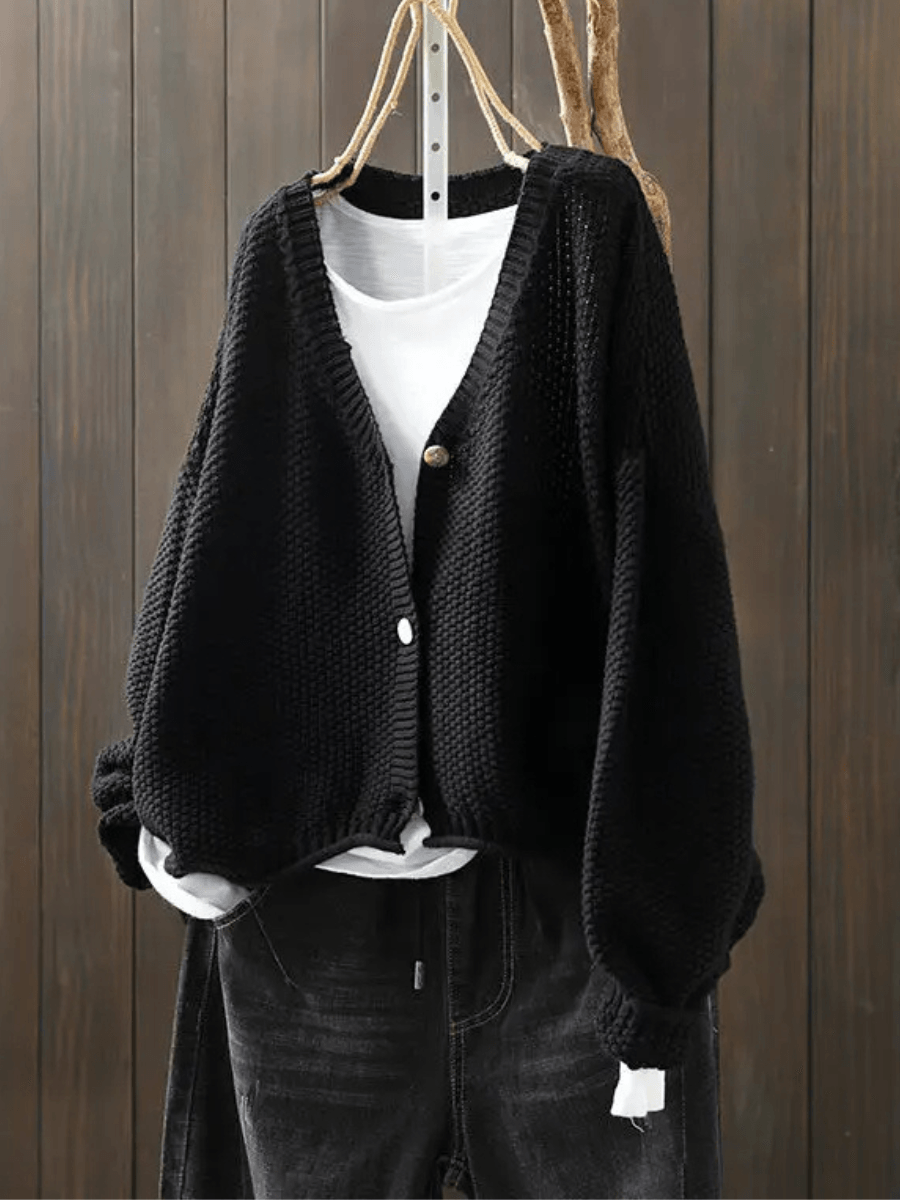 Women's Cropped V-Neck Cardigan in Chunky Textured Knit with Button Front