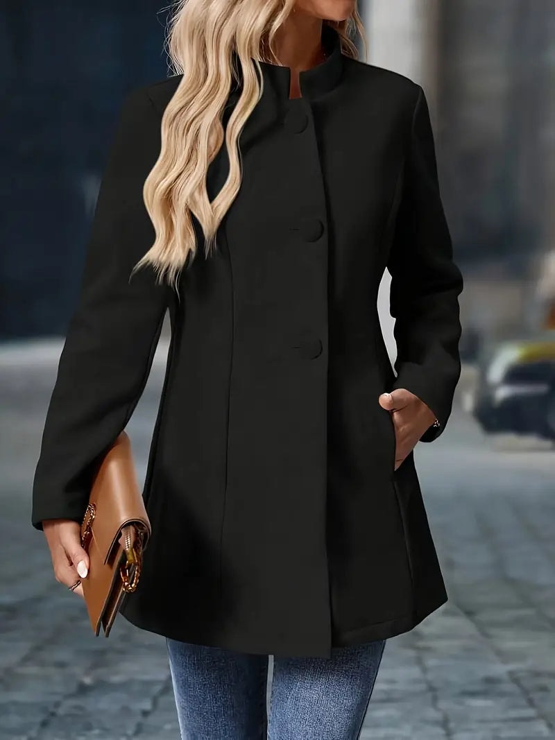 Sofia Button-Front Stand Collar Wool Blend Winter Coat for Women
