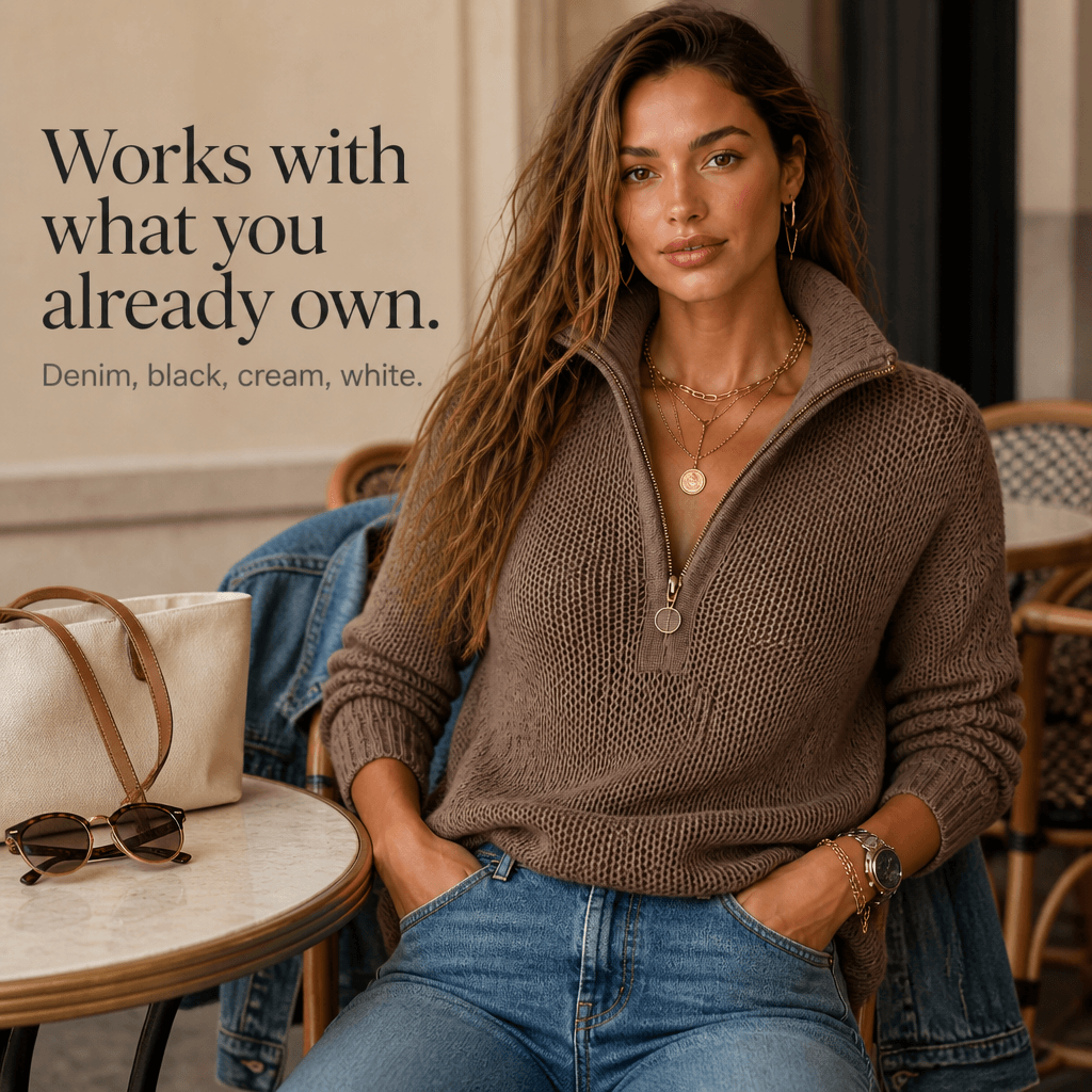 Women's Half-Zip Textured Knitted Sweater with Convertible Collar
