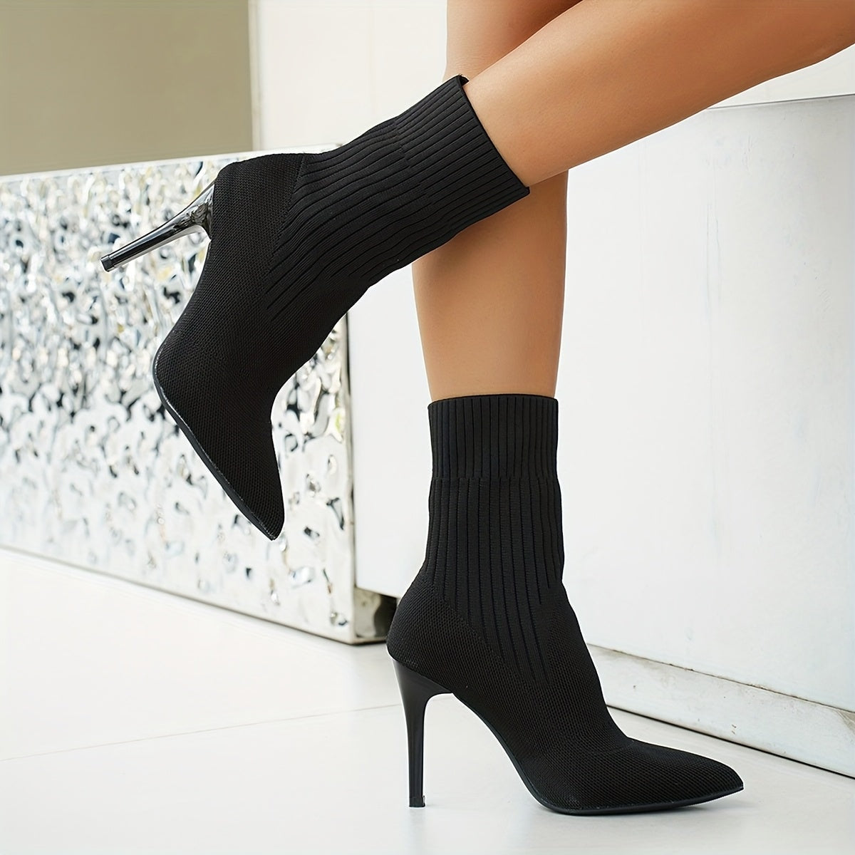 Women's Pointed-Toe Ribbed Knit Ankle Boots with Stiletto Heel