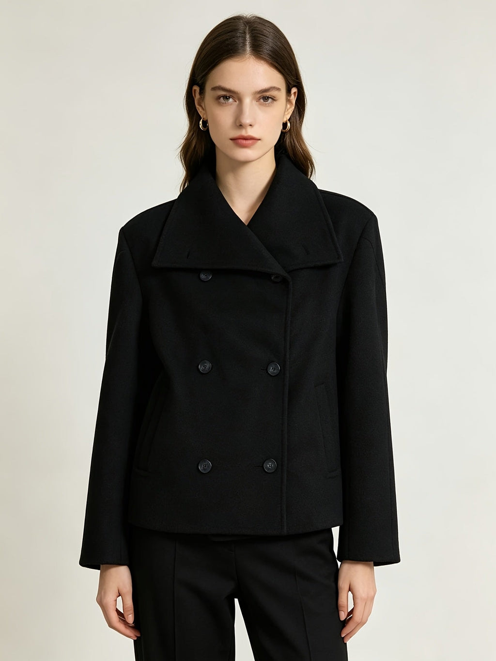 Cropped Wool Pea Coat with Notch Lapel and Double Breasted Button Front