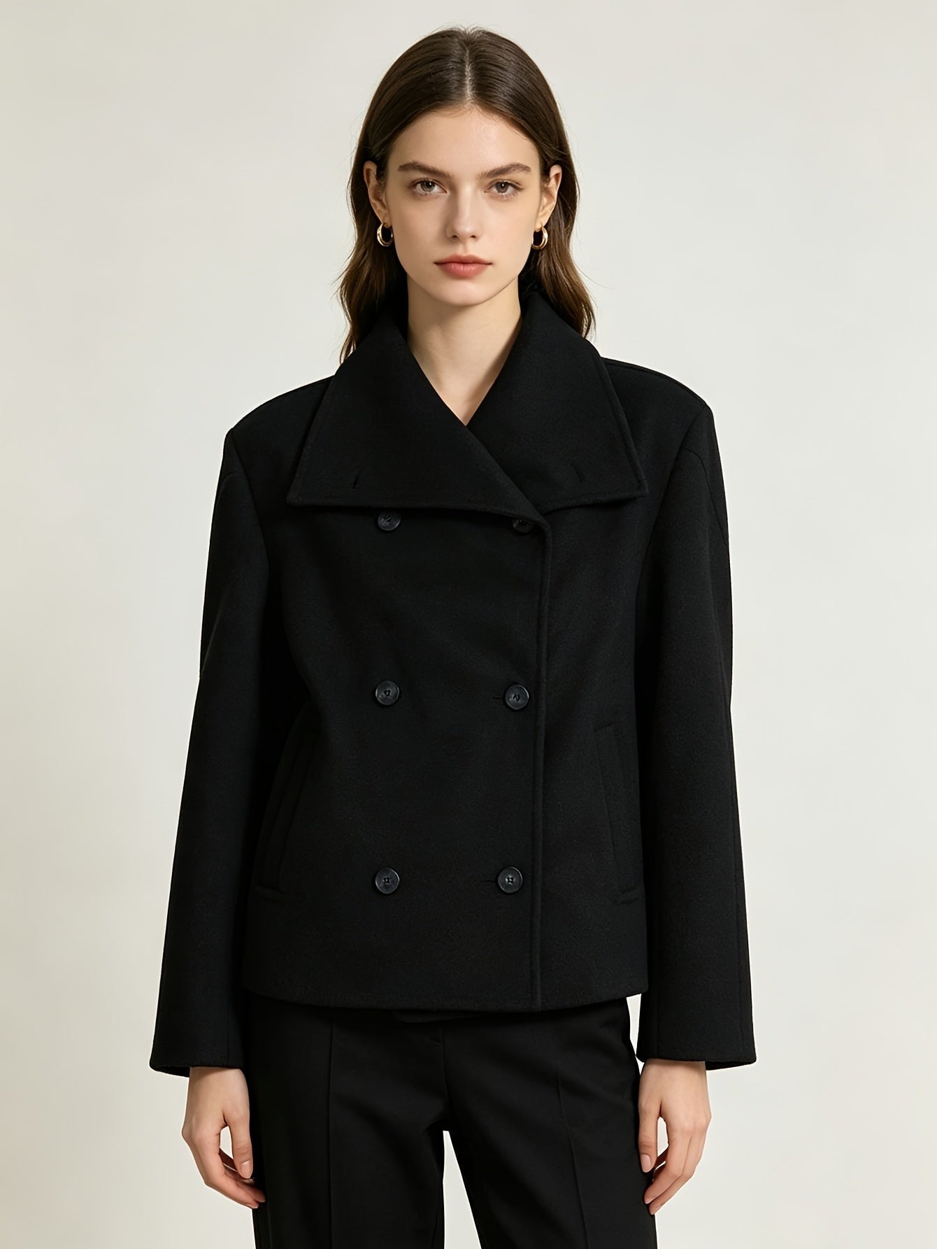 Cropped Wool Pea Coat with Notch Lapel and Double Breasted Button Front