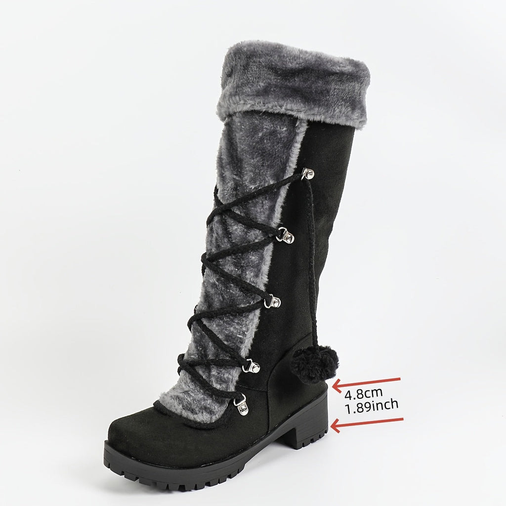 Women's Black Faux Suede Knee-High Boots with Faux Fur Trim and Lace-Up Detail