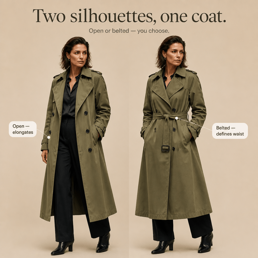 Mayfield Double-Breasted Long Trench Coat with Tailored Collar for Women